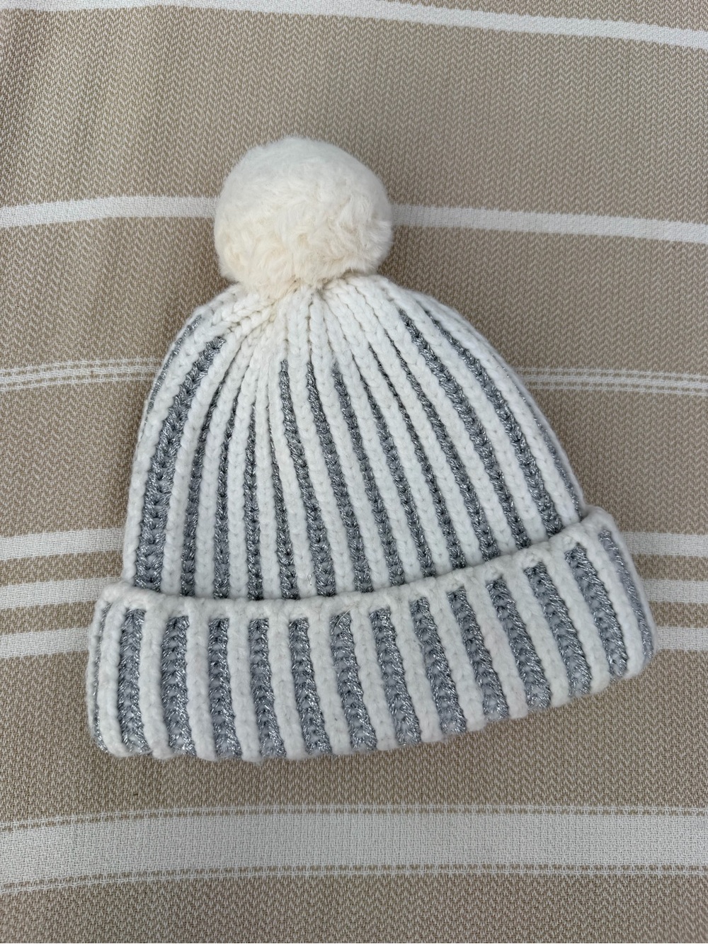 Old Navy Cream and Gray Striped Pom Pom Knit Beanie